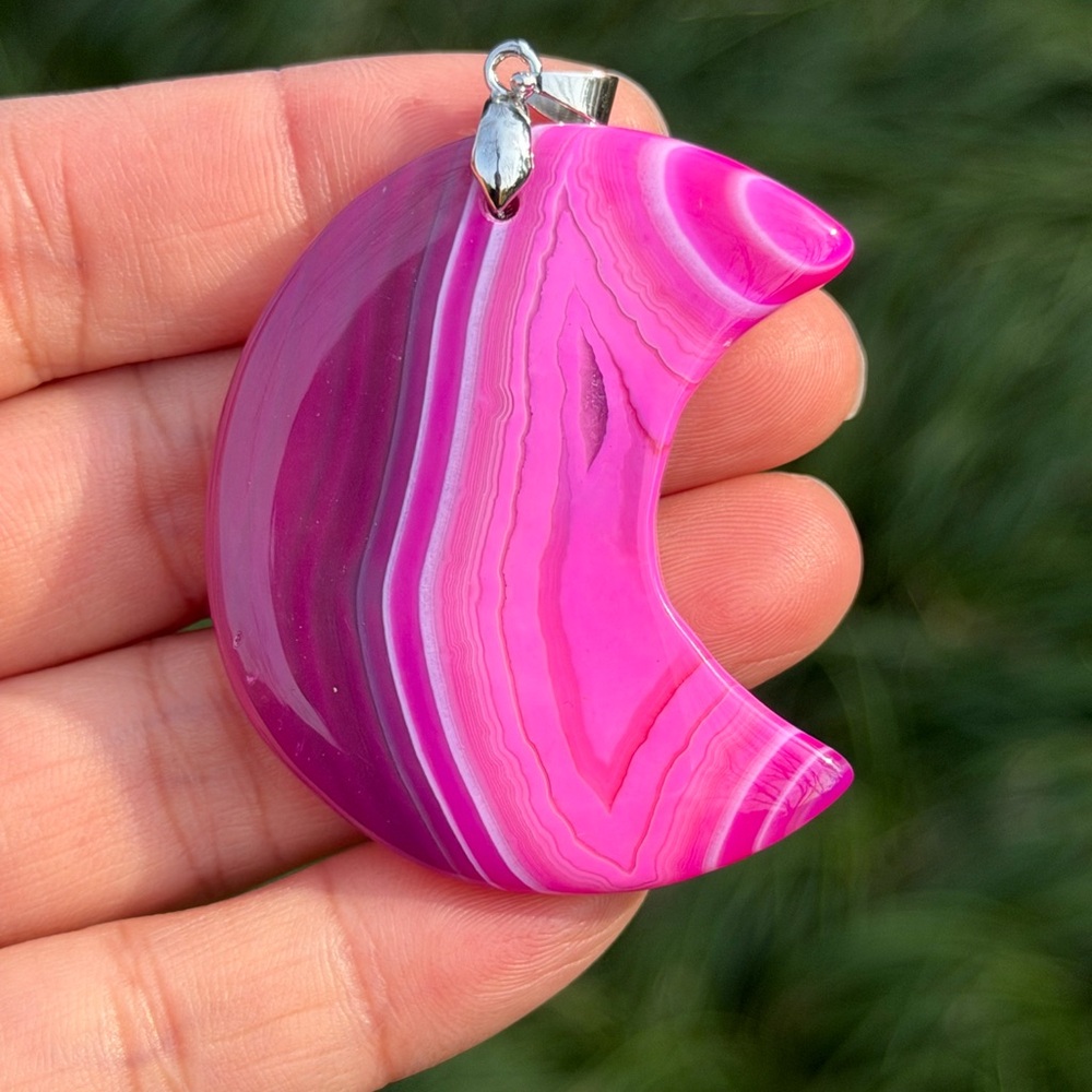 Sterling silver 925 stamped pink druzy banded agate moon pendant 1024 - Picture 8 of 8